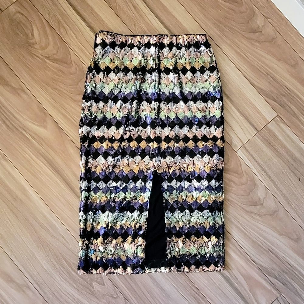 🍍3 For 50🍍Sequin Diamond-Pattern Midi Skirt - Black Multicolor - Picture 7 of 15